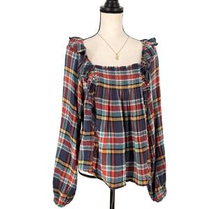 We The Free Siena Plaid Ruffle Trim Smocked Long Sleeve Blouse Square Neck Top